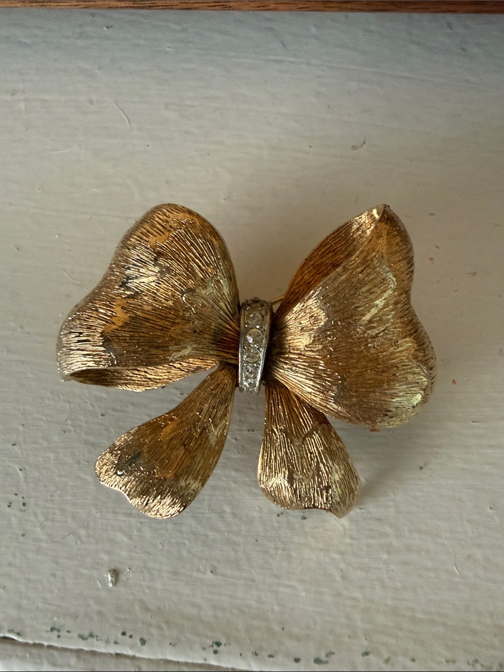 Gold Bow Brooch with Rhinestone Accent - Women Accessories